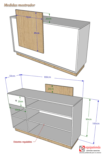 Mostrador de recepción de 180x50x100cm, en melamina, con cajón y estantes regulables. Fabricado a medida para tiendas y oficinas.