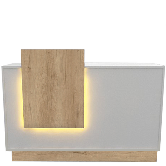Mostrador con marquesina, iluminación LED, cajón y estantes regulables, fabricado a medida en melamina. Diseño funcional y llamativo, ideal para puntos de cobro, recepción o atención al cliente en tiendas y comercios.