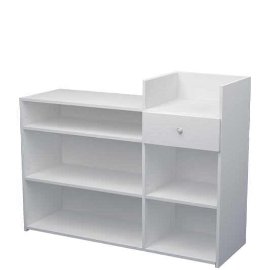 Mostrador blanco con marquesina y amplio espacio de almacenamiento, ideal para tiendas, oficinas y recepciones.