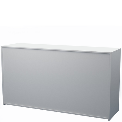 Mostrador de melamina de 180x50x90cm con estantes regulables y cajón, fabricado a medida. Mueble funcional y versátil para tiendas, oficinas y puntos de atención.