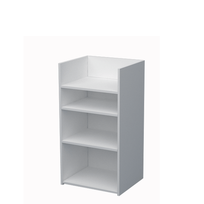 Mostrador punto de venta de 60x50x95/115cm, compacto, blanco, con marquesina, cajón y estantes regulables. Ideal para puntos de venta.