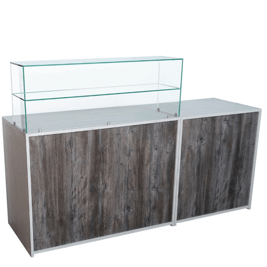 Mostrador con vitrina de cristal templado y almacenamiento con cajón y estantes ajustables, ideal para tiendas y comercios.