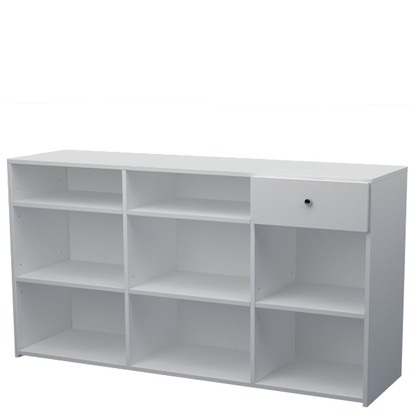 Mostrador de melamina con estantes regulables y cajón, fabricado a medida. Mueble funcional y versátil para tiendas, oficinas y puntos de atención. Diseño práctico que facilita la organización y el trabajo diario.