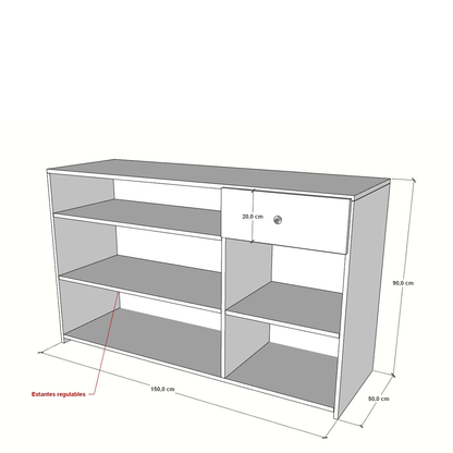 Mostrador de melamina de 150x50x90cm con estantes regulables y cajón, fabricado a medida. Mueble funcional y versátil para tiendas, oficinas y puntos de atención.