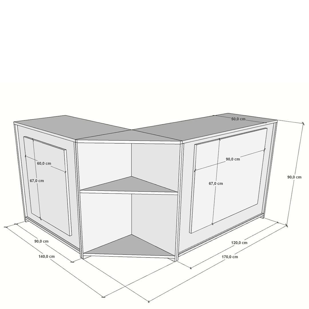 Mostrador esquinero de melamina para recepción, con cajón y estantes regulables. Diseño compacto y funcional, ideal para optimizar el espacio en oficinas, centros de atención y puntos de bienvenida. Fabricado a medida.