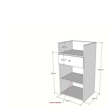 Mostrador punto de venta de 60x50x95/115cm, compacto, blanco, con marquesina, cajón y estantes regulables. Ideal para tiendas y comercios.