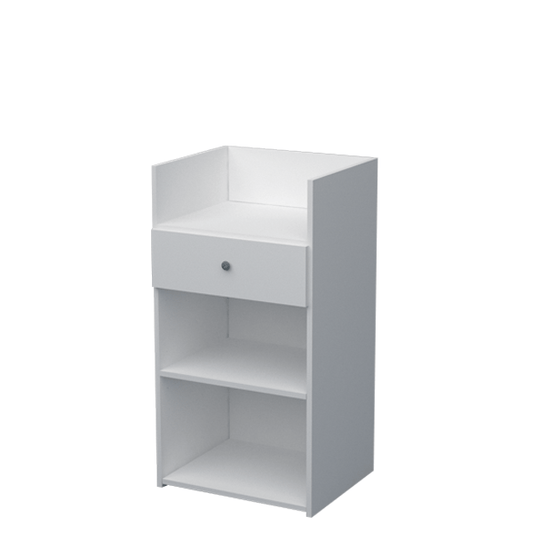 Mostrador compacto blanco con marquesina, cajón y estantes regulables. Ideal para puntos de venta