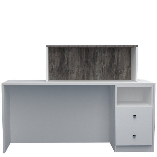 Mostrador de recepción moderno en color blanco con iluminación LED frontal en tono personalizable.