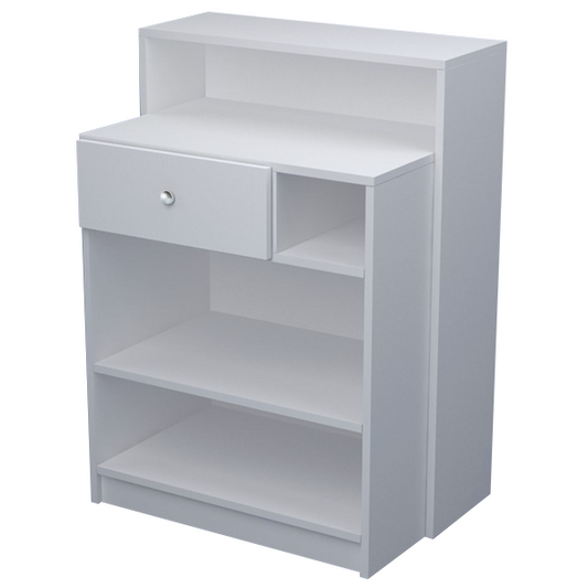Mostrador compacto con cajón y estantes regulables, ideal para tiendas, oficinas y espacios reducidos.