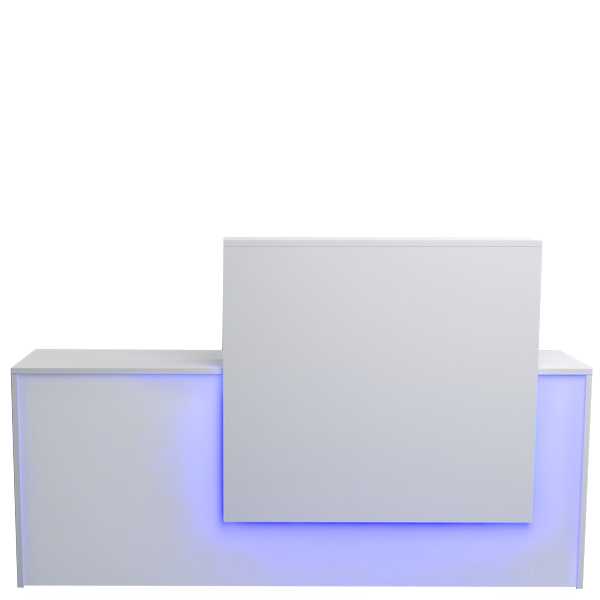 Mostrador de recepción blanco con iluminación LED azul integrada, ideal para oficinas y comercios.