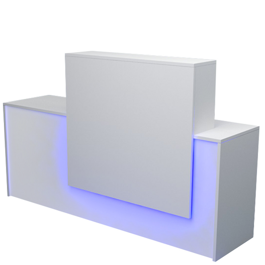 Mostrador de recepción blanco con iluminación LED y cajonera de tres cajones, ideal para oficinas y comercios.
