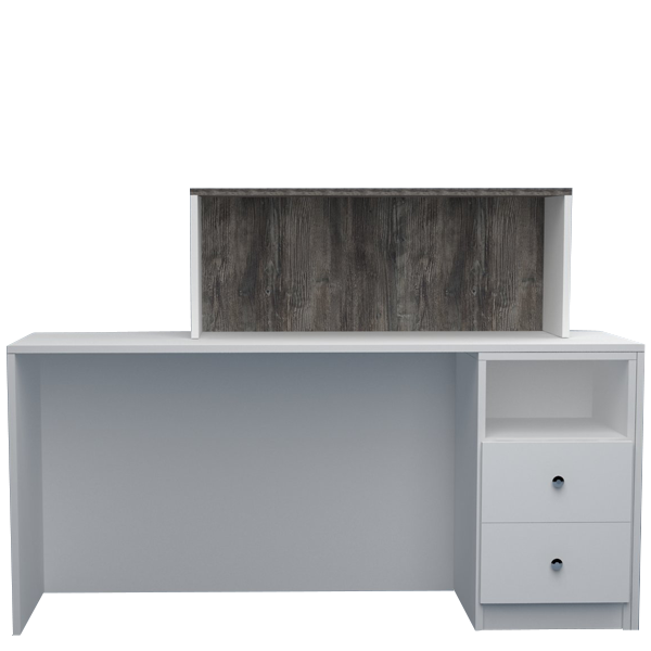 Mostrador de recepción, con amplio espacio de trabajo y cajonera de almacenamiento.  Diseño funcional, seguro y adaptable a distintos espacios comerciales