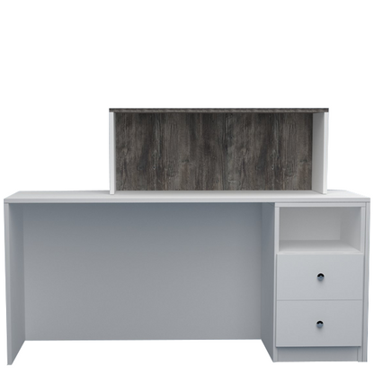 Mostrador de recepción de 160x50x75/115cm, en melamina, con cajón y estantes regulables. Fabricado a medida.