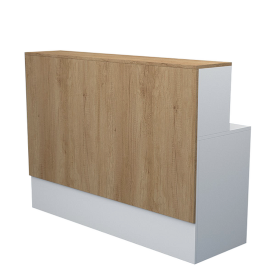 Mostrador de recepción en color blanco y madera, con amplio espacio de trabajo y cajonera de almacenamiento. Fabricación a medida