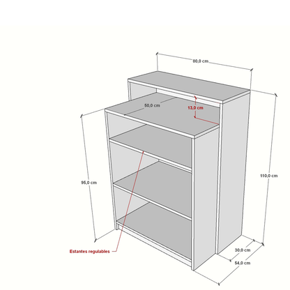 Mostrador de recepción de 80x54x95/110cm, en melamina, con cajón y estantes regulables. Fabricado a medida.