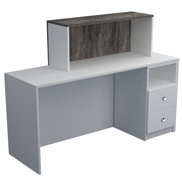 Mostrador de recepción, con amplio espacio de trabajo y cajonera de almacenamiento.  Diseño funcional, seguro y adaptable a distintos espacios comerciales