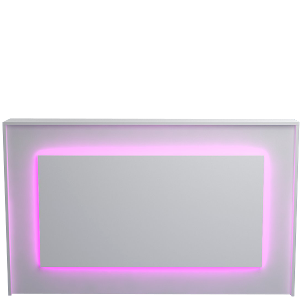 Mostrador de recepción moderno con iluminación LED frontal en color personalizable. Diseño funcional, seguro y adaptable a distintos espacios comerciales.