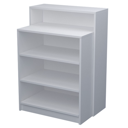 Mostrador de recepción de 80x54x95/110cm, en melamina, con cajón y estantes regulables. Fabricado a medida.