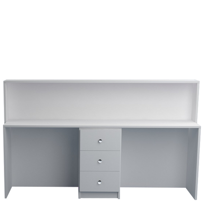 Mostrador de recepción de 190x54x75/115cm, en melamina, con cajón y estantes regulables. Fabricado a medida.