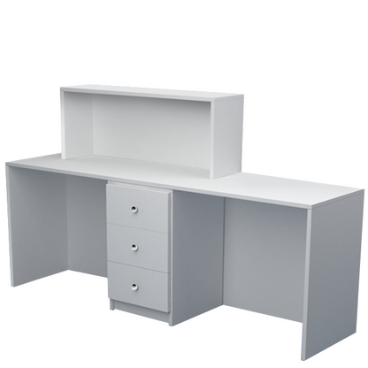 Mostrador de recepción de 190x52x75/115cm, en melamina, con cajón y estantes regulables. Fabricado a medida.