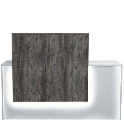 Mostrador de recepción de 160x50x75/115cm, en melamina, con cajón y estantes regulables. Fabricado a medida.