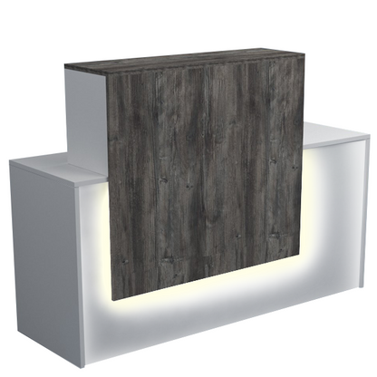 Mostrador de recepción de 160x50x75/115cm, en melamina, con cajón y estantes regulables. Fabricado a medida.