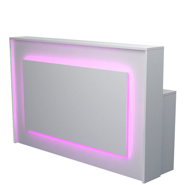 Mostrador de recepción moderno en color blanco con iluminación LED frontal en tono personalizable.