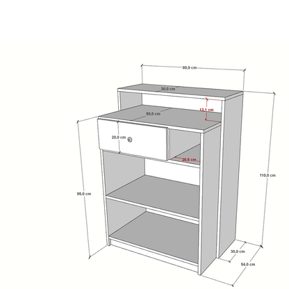 Mostrador de recepción de 80x54x95/110cm, en melamina, con cajón y estantes regulables. Fabricado a medida.