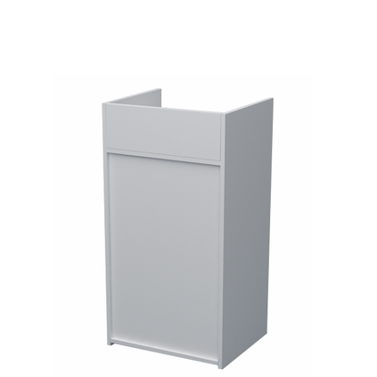 Mostrador punto de venta de 60x50x95/115cm, compacto, blanco, con marquesina, cajón y estantes regulables. Ideal para tiendas y comercios.