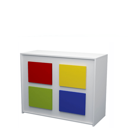 Mostrador de 120x50x90cm con paneles decorativos de colores personalizables, estantes regulables y cajón. Ideal para tiendas y oficinas.