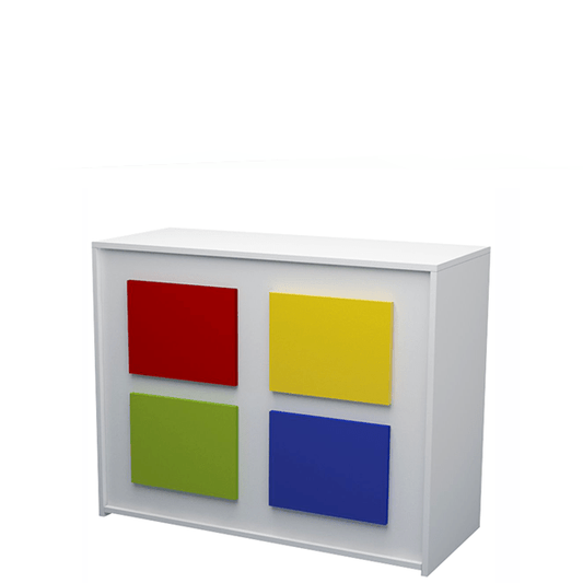 Mostrador blanco con paneles decorativos de colores personalizables. ideal para tiendas y oficinas.