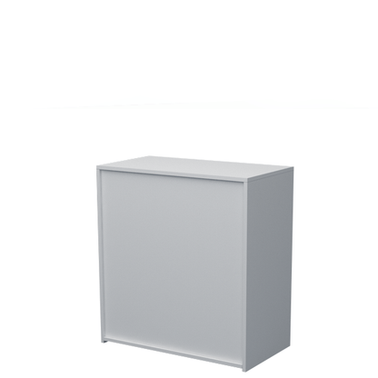 Mostrador punto de venta de 90x50x90cm, con cajón y estantes regulables. Ideal para tiendas y comercios.