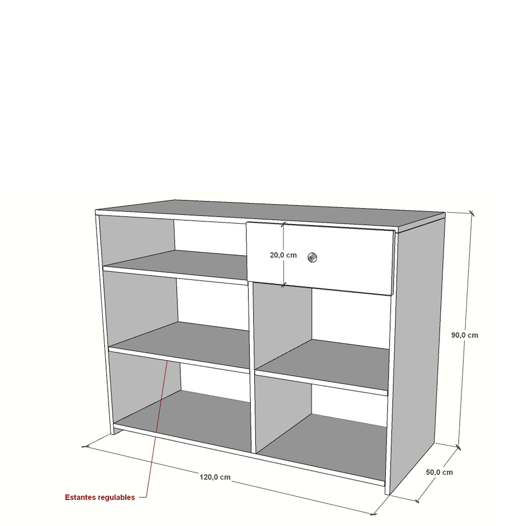 Mostrador de melamina blanca con cajón y estantes regulables. ideal para todo tipo de comercios.