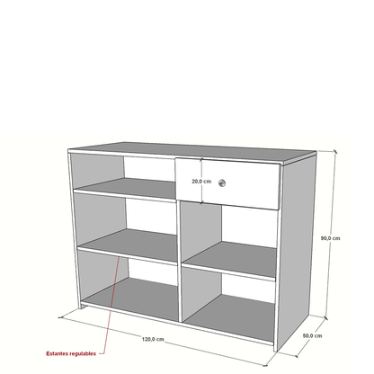 Mostrador de melamina de 120x50x90cm con estantes regulables y cajón, ideal para comercios y oficinas. Fabricación a medida.