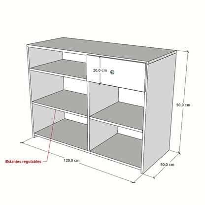 Mostrador de melamina de 120x50x90cm con acabado en roble, cajón y estantes regulables. Ideal para tiendas, oficinas o recepciones.