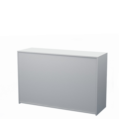 Mostrador de melamina de 150x50x90cm con estantes regulables y cajón, fabricado a medida. Mueble funcional y versátil para tiendas, oficinas y puntos de atención.