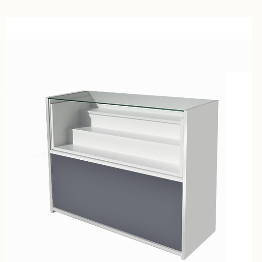 Mostrador con vitrina escalonada de cristal templado y almacenamiento integrado.