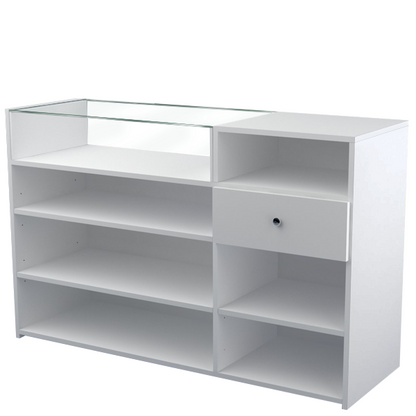 Mostrador con vitrina de 150x50x100cm, cristal templado y almacenamiento integrado. Fabricación a medida en melamina.