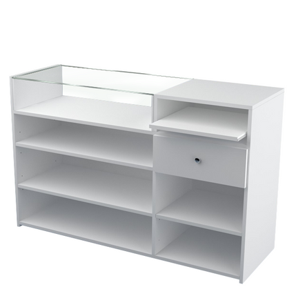 Mostrador con vitrina de 150x50x100cm, cristal templado, bandeja extraíble, cajón y frontal iluminado con LED. Ideal para tiendas y comercios.