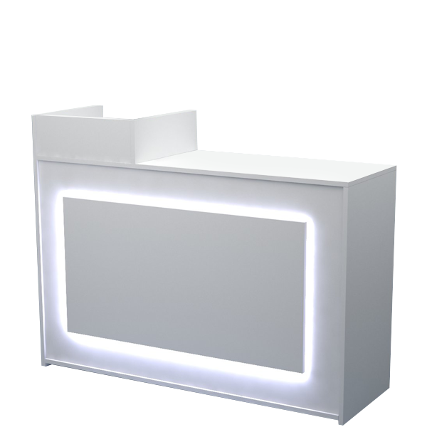 Mostrador blanco con marquesina y panel frontal iluminado con LED blanco, ideal para tiendas, oficinas y recepciones.