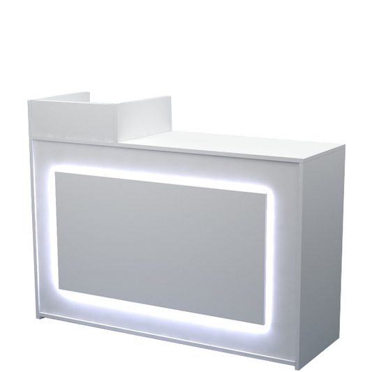 Mostrador blanco con marquesina y panel frontal iluminado con LED blanco, ideal para tiendas, oficinas y recepciones.