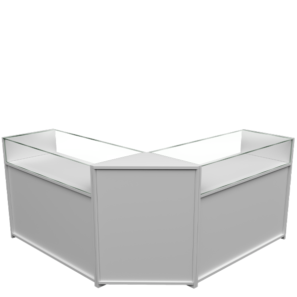 Mostrador esquinero en L con vitrinas de cristal templado y estantes regulables, ideal para tiendas y comercios.