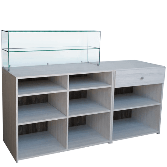 Mostrador con vitrina de cristal templado y almacenamiento con cajón y estantes ajustables, ideal para tiendas y comercios.