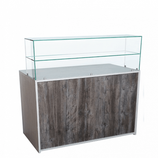 Mostrador con vitrina de cristal templado y estantes ajustables, ideal para panaderías, tiendas y comercios. Fabricación a medida