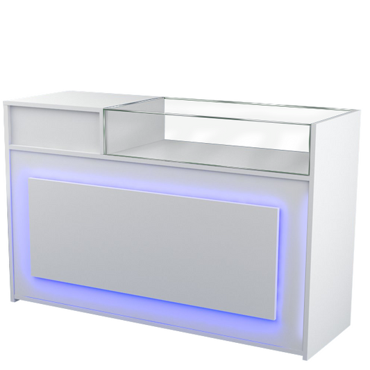 Mostrador blanco con vitrina de cristal templado, bandeja extraíble, cajón y frontal iluminado con LED. Ideal para tiendas y comercios.