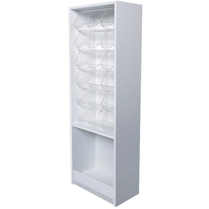 Mueble con carameleras de 53x30x160cm, con 18 carameleras de metacrilato y espacio de almacenamiento inferior. Ideal para tiendas de golosinas.