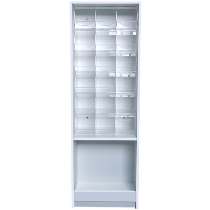 Mueble con carameleras de 53x30x160cm, con 18 carameleras de metacrilato y espacio de almacenamiento inferior. Ideal para tiendas de golosinas.