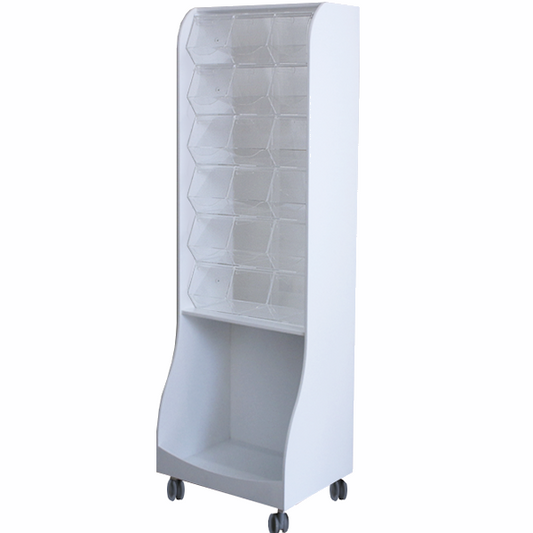 Mueble expositor con carameleras de metacrilato, almacenaje inferior y ruedas. Fabricado a medida en melamina, ideal para tiendas de golosinas. Diseño práctico, móvil y organizado para autoservicio y reposición rápida.