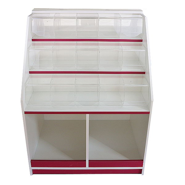 Mueble bajo con carameleras de metacrilato, ideal para la exhibición y almacenamiento de productos a granel en tiendas de golosinas y supermercados.