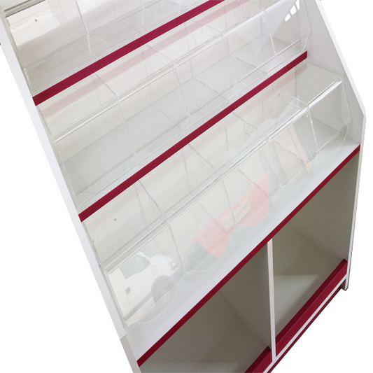 Mueble bajo con carameleras de metacrilato, ideal para la exhibición y almacenamiento de productos a granel en tiendas de golosinas y supermercados.